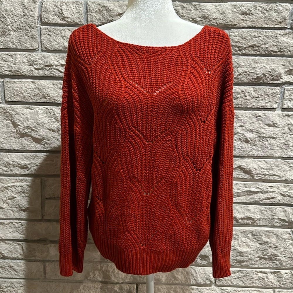 Soft crewneck long sleeve hollow cable knit sweater